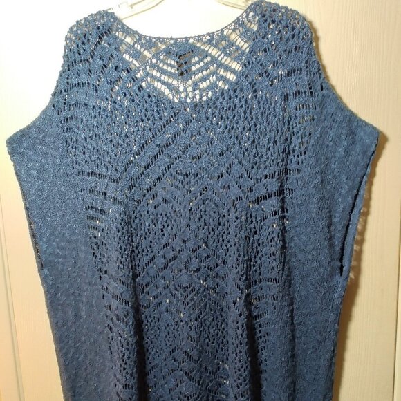 Poncho Style Crochet Sweater with Fringe Detail- Color: Denim Blue Size: XL - Picture 4 of 11